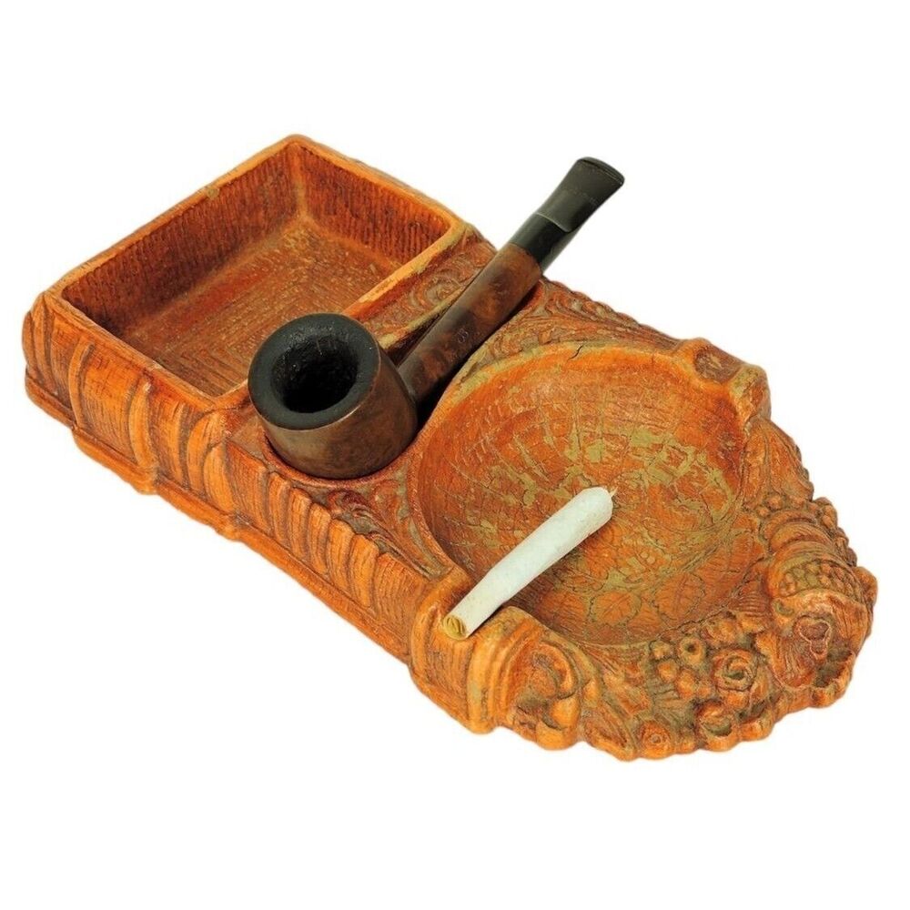 Vintage 30s 40s Faux Carved Wood Ashtray Pipe Cigarette Box Holder Smoking Tray